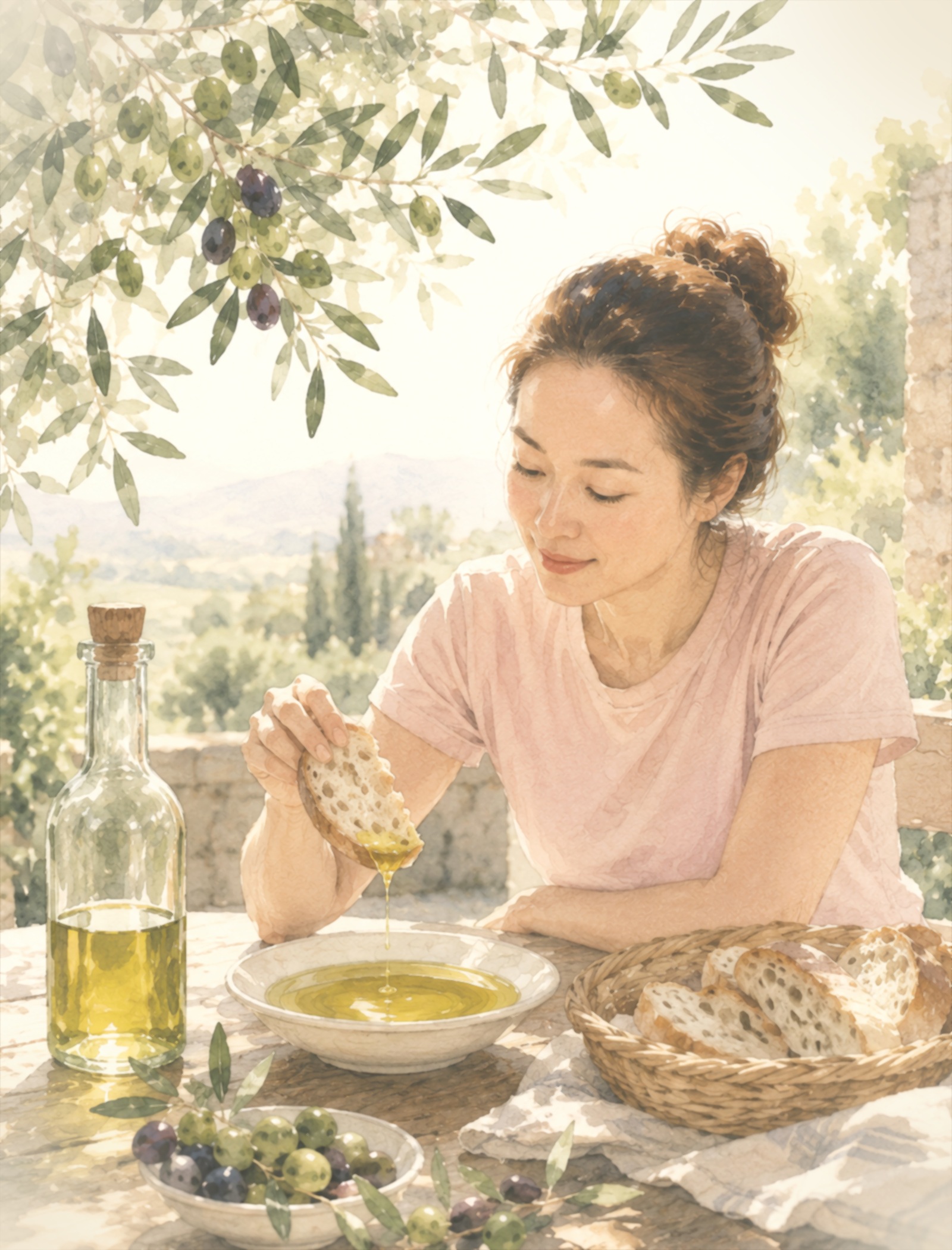 Illustration of the OliveStar creator tasting olive oil in an olive grove